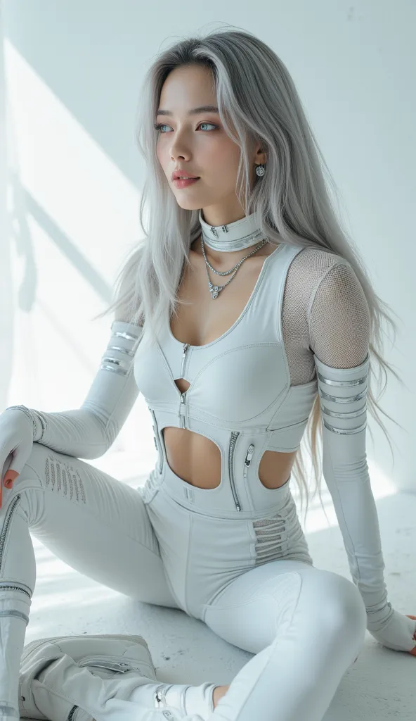 A futuristic, monochrome look on a 20-year-old Japanese model with an hourglass figure, long gray hair, and large blue eyes. She wears a complex bondage-inspired white sports outfit: a matte rubber bra with crisscross straps, mesh cutouts, and an opaque pa...