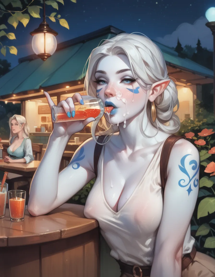 Jarael, alabaster white skin, blue tattoos, facial mark, blue lips, medium breasts, lush breasts, wearing a loose tunic, leaning forward, squeezing her breasts together, cleavage, bedroom eyes, sitting at an outdoor cafe at night, drinking a steaming bever...