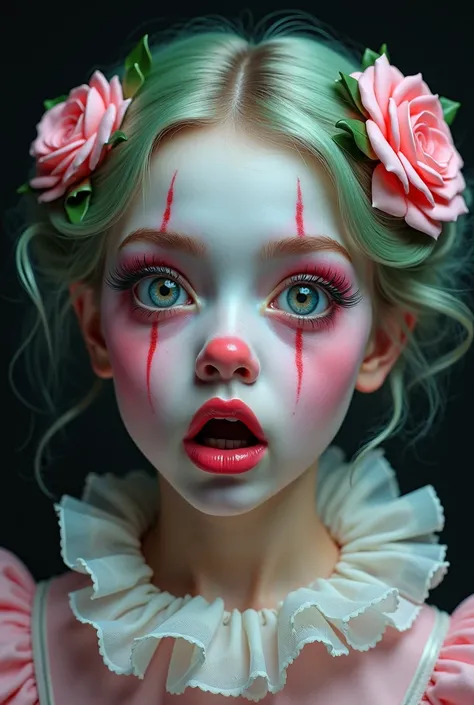 Clown makeup,Medium shot, Pastel painting of a young female, Two fluorescence angles, Startled look, black background, pale face, huge beautiful round eyes, long cilia, rococo style, fluorescent pink and green, by by Junji Ito, Inoue Takehiko, Julie Bell, ...