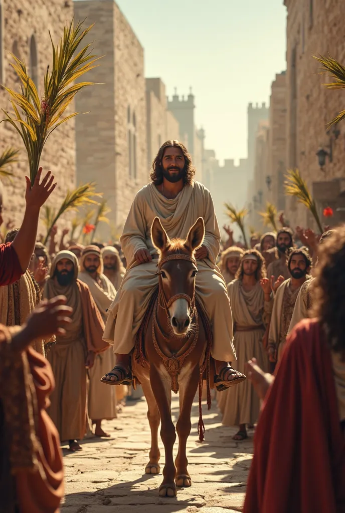 Jesus enters Jerusalem, Jesus on a donkey, people clapping, procession 