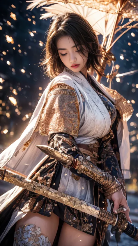 young woman,Oiran,warrior,(wielding a huge_weapon:1.3), very detailedな, realist,(from front:1.8), Brilliant Appearance , Creative Action, extremely detailed, Imaginative, sensual, spontaneous , Top Quality,  skin texture,(very short hair:1.8),(Rose gold bl...