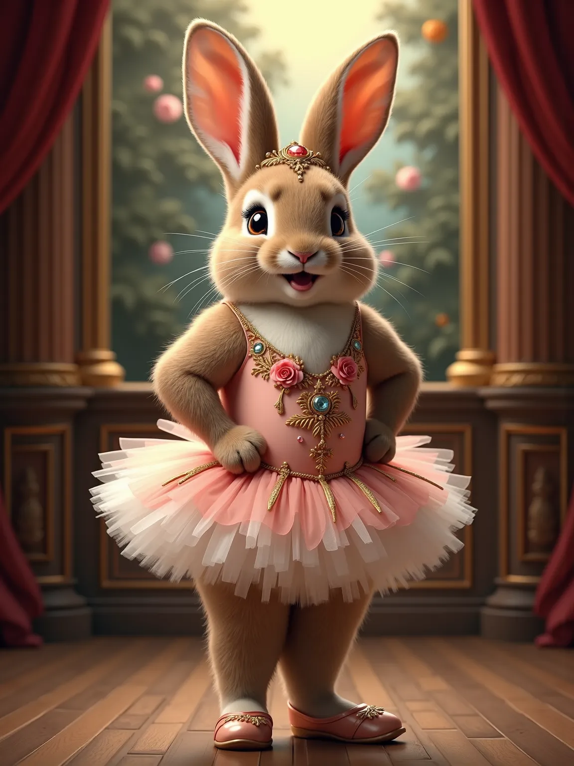 photorealistic full body portrait of Dressed animals - a ((fat)) baby( rabbit) ballet dancer,(art by Giuseppe Arcimboldo),(happy smile:1.5),(furry), high quality,(lovely) hands on hips,highly detailed ((elaborate ballet leotard)) ,highly detailed decoratio...