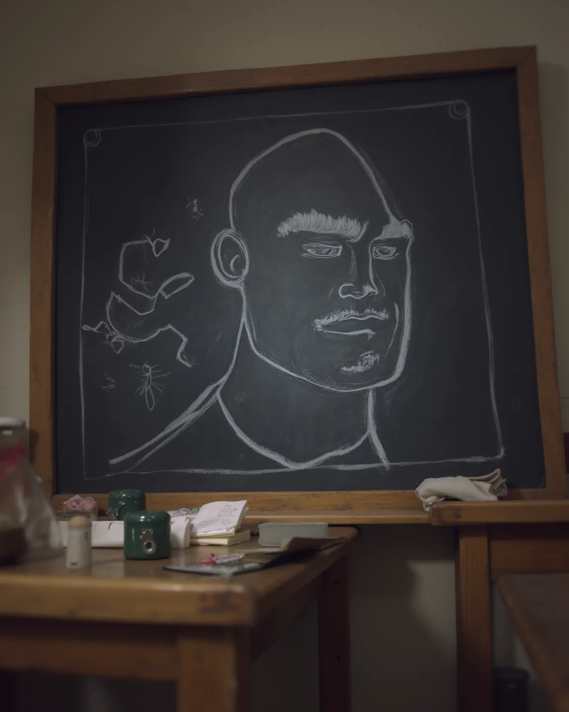 doodle art, chalk art, classroom setting, blackboard doodle, dwayne johnson drawn in chalk, dwayne johnson drawn on chalkboard, skin head, people's eyebrow\(one raised eyebrow\), schoolroom, chalkboard, (masterpiece, best quality:1.2) 