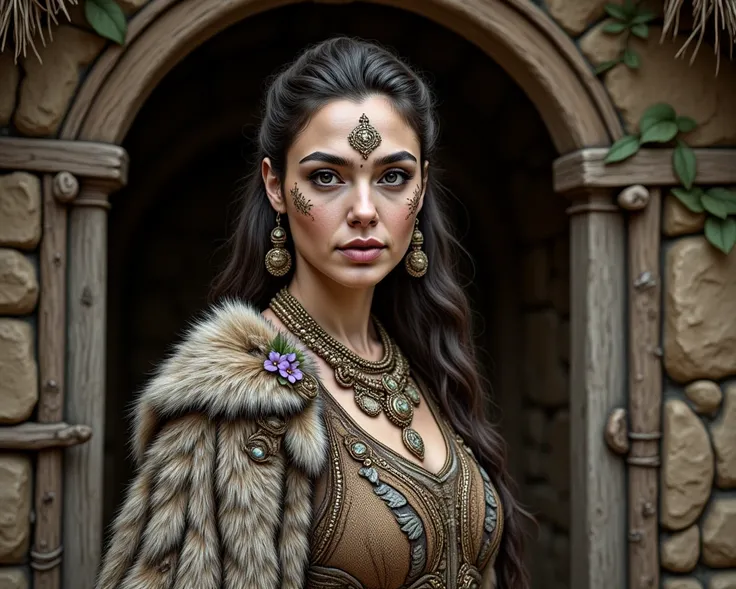 a (half body:1.5) picture of A beautiful Neolithic European Woman [Gal Gadot:Maude Adams:0.45], ornated with exotic simple face paint, she is wearing clothing made from natural materials,  like animal fur coat, leaves and bark ornated with gemstone beads a...