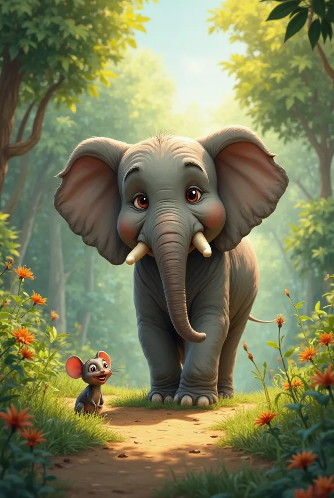 English Prompt:
"A massive, friendly elephant with big, kind eyes walks through a green jungle path, beside a tiny but confident mouse. The mouse looks up at the elephant with admiration, and the elephant smiles down warmly. The background is full of lush ...