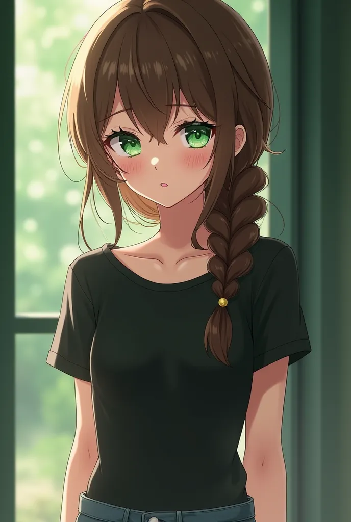 Green emerald eyes, girl, pretty curves, brown hair up into a braid-hair and her hair tufts ahead visible and free, tight black t-shirt and a pair of jeans, anime