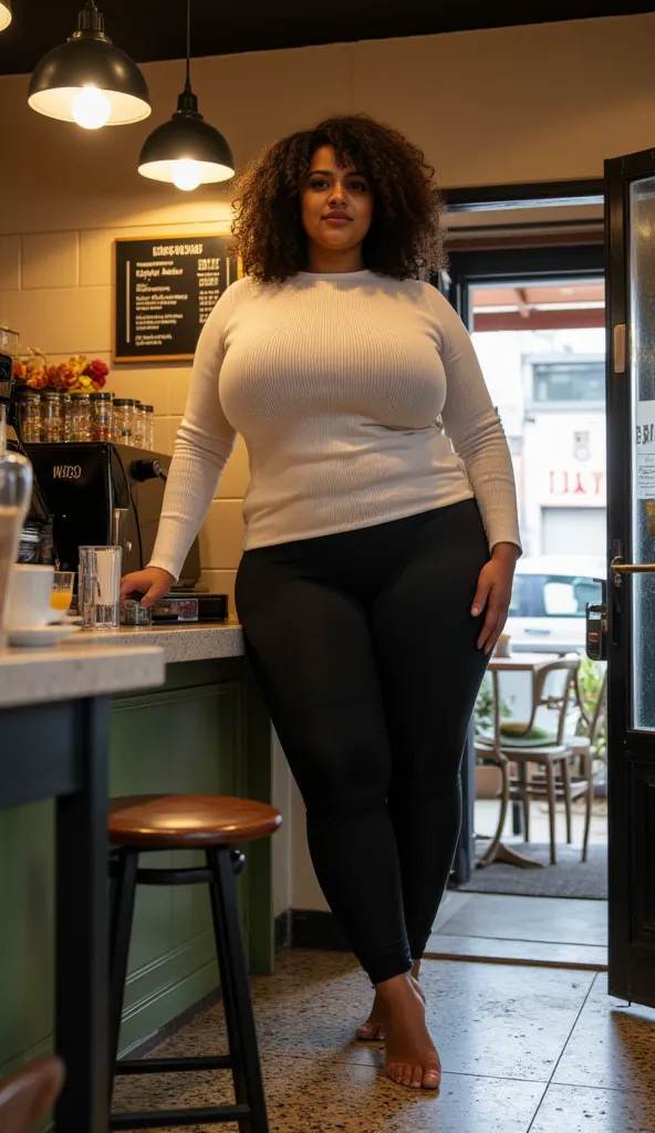 Grainy smartphone photo with mild sensor noise – A 20-foot-tall South Indian woman with warm amber skin (#D97E3A) stands inside a trendy café, her colossal fertility goddess proportions dominating the space. Captured from a distance near the entrance, the ...