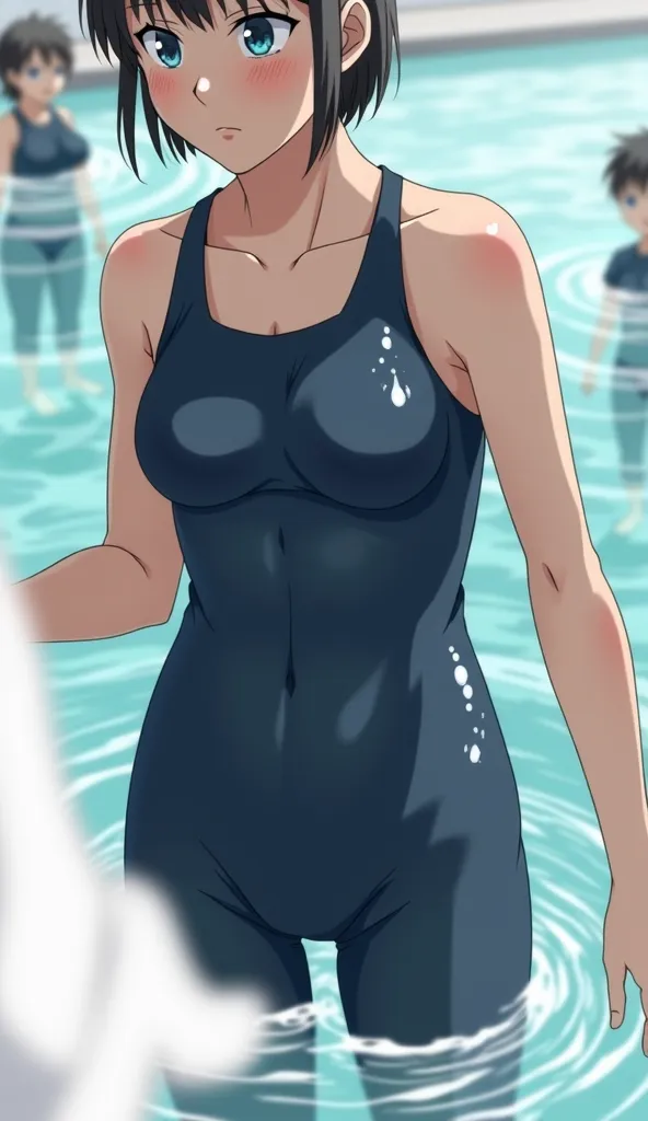 Middle school students,Black Hair,Navy blue school swimsuit and leggings,Sweat,Small breasts,Low length,Pool