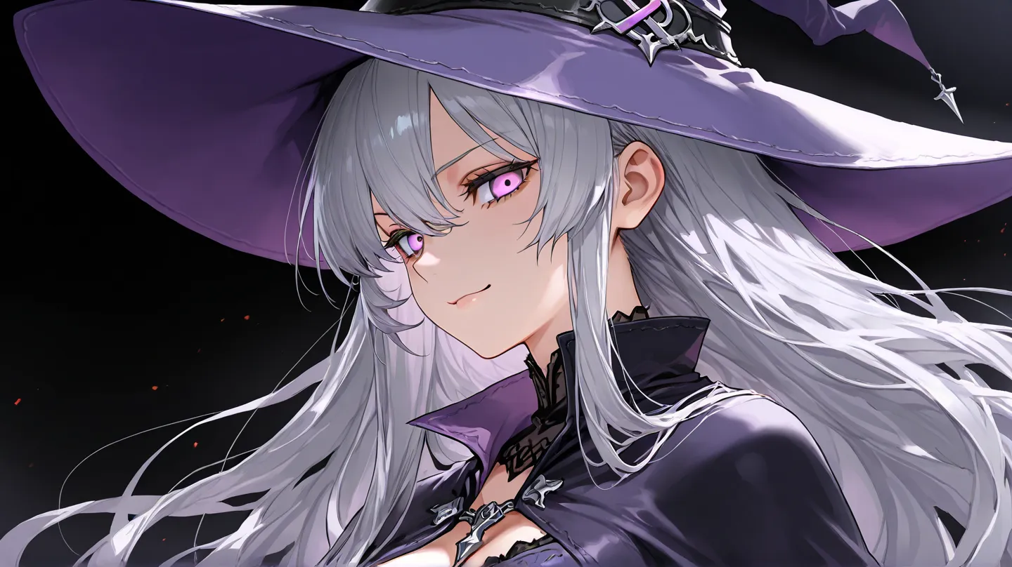   An anime HD movie scene of  a mysterious mature 30 year old long silver hair female witch with bright light purple eyes wearing purple medieval clothes with black details and a purple witch hat with black details staring at the viewer with a confident sm...