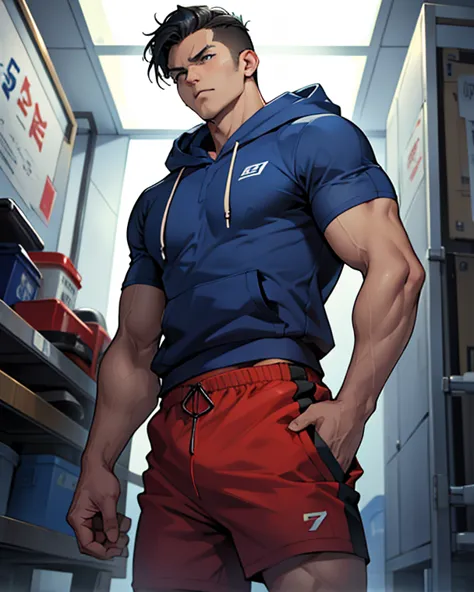  male、high quality、4K、realistic photo、 moving　with hoodie　I'm wearing a jersey top and bottom　blue sporty trainer with a sense of justice、188cm、Physique、blue eyes、 serious expression、Young and strong face、black hair short hair、half Japanese and American、Mu...