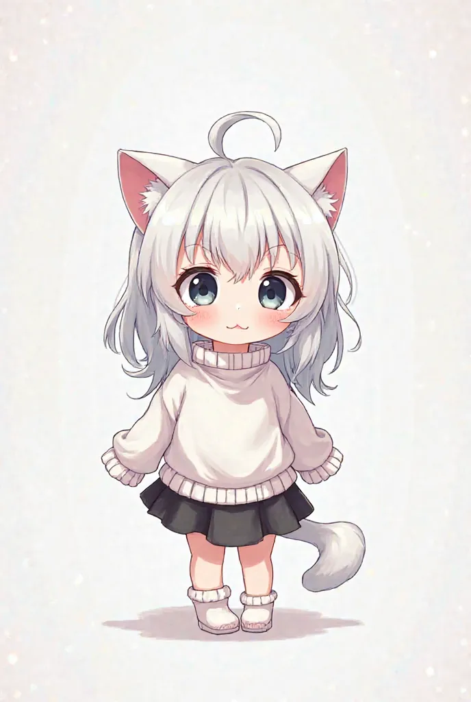 A girl with white cat hair and white long hair , wearing white short sweater black mini skirt black eyes chibi mini anime version 