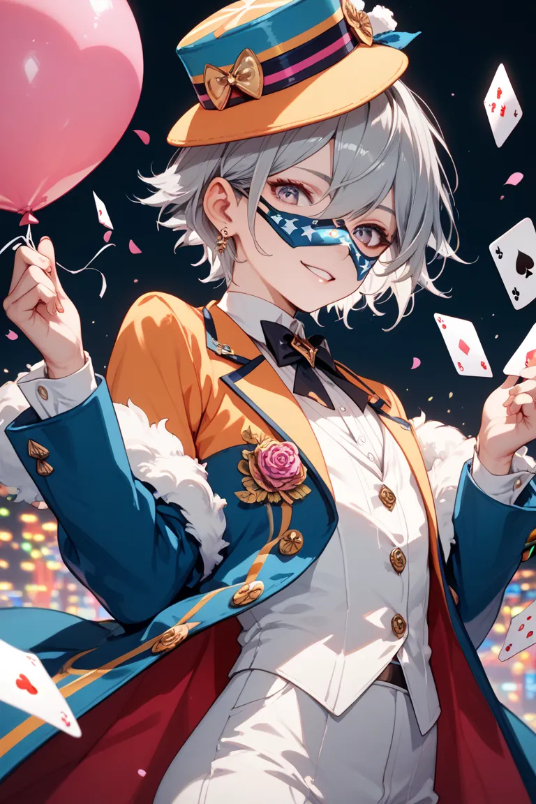 suit　Mask on the face　 comments　Magic Trick　Androgynous boy　Gray Hair　playing cards　balloon　 Colorful Outfit 　hat