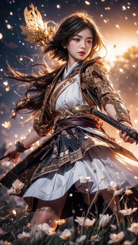 young woman,Oiran,warrior,(wielding a huge_weapon:1.3), very detailedな, realist,(from front:1.8), Brilliant Appearance ,extremely detailed, Imaginative,sensual,spontaneous,Top Quality,  skin texture,(very short hair:1.8),(Rose gold blonde hair:1.3),muscula...