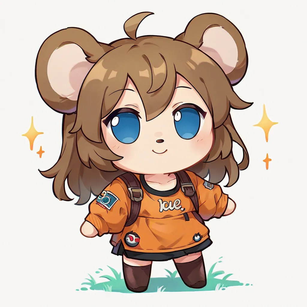 1girl,brown long hair,blue eyes,Orange clothes,chibi,smile,white background, stand,open mouse wide
