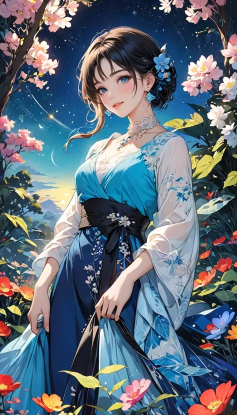 Rich ink painting , masterpiece, starry sky , One Girl,   moonlight and shining starlight  , top quality, smile, perfect faces , perfect style,  The texture and depth of the painting is breathtaking , earrings, necklaces,   and fantasy   ,  Faint celestial...