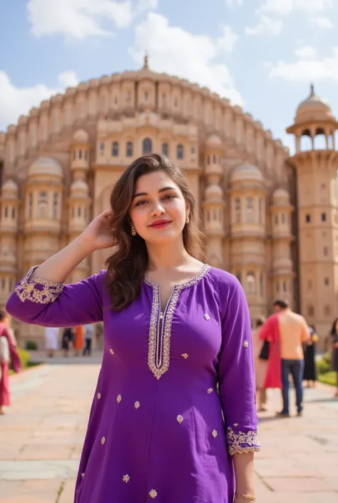 24 year girl in Indian village not modern village rural vibe wearing purple gujrati dress in front of tajmahal jaipur in front of local people with smile on face showing real cuteness hand in hair with style giving pose with beautiful smile in mahal 