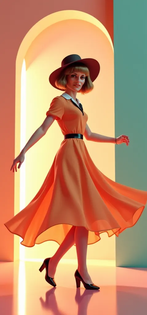 (meilleure qualité:1.1) (photo réaliste:1) belle femme en robe de style courège avec un chapeau blanc, cheveux court chatain clair, smiling, 1960's style in a dancing retro futurism decor, 8k, lumière douce, couleur pastel