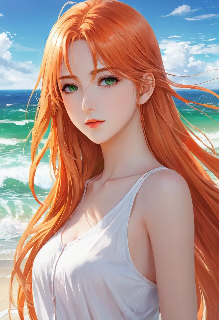 Anime girl with long orange hair, standing on the beach near the ocean, green eyes detailed digital anime art, Anime girl with long hair, гладкое аниме cg art, Anime girl with long hair, digital anime art, work in Guweiz style, Beautiful anime portrait, Ph...