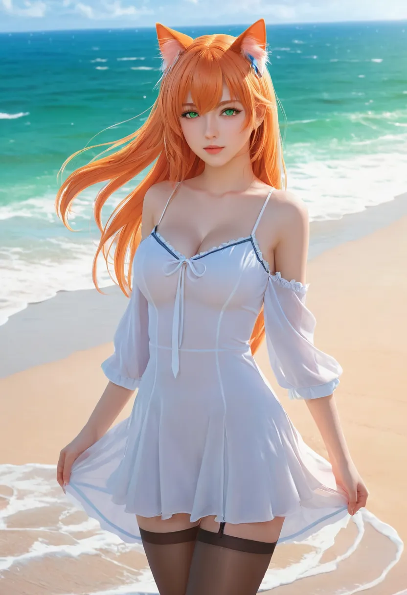 anime girl with long orange hair standing on beach near ocean, green eyes detailed digital anime art, cat ears, , anime girl with long hair, smooth anime cg art, anime girl with long hair, average breast size, digital anime art, artwork in the style of guw...