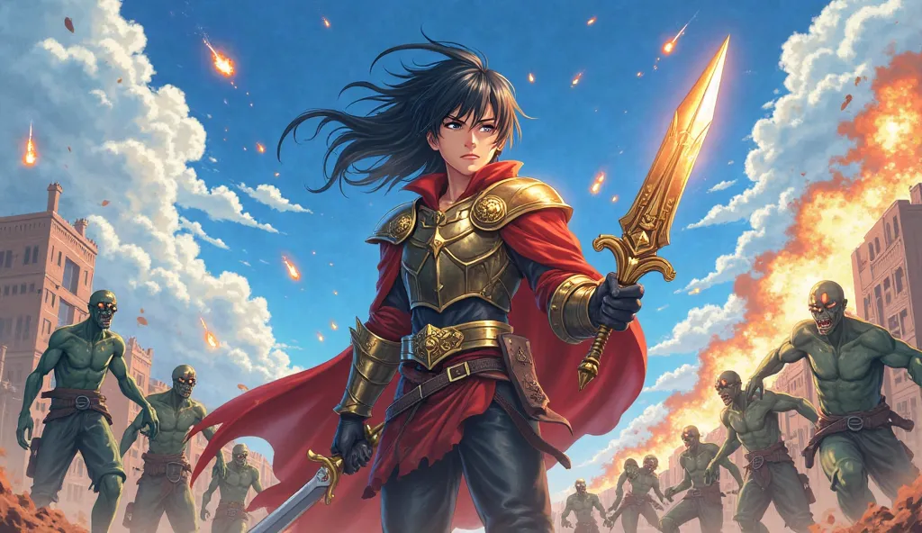 Anime illustration is bright and rich. tall, shining blue sky with fluffy white clouds. Fiery meteorites fall. At the moment of impact, bright explosions flash, raising clouds of dust and light into the air

In the center is a young seasoned warrior with a...