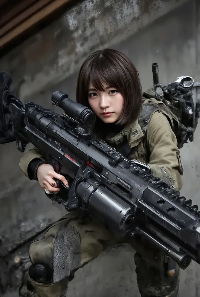 ((short bob cut hair  )) 、The attire of a fierce woman wearing black armor、  Firearms on Earth、(   best well water, 4K, 8k,  high image quality  ,    masterpiece: 1.2), ((Destruction of the Earth After War))