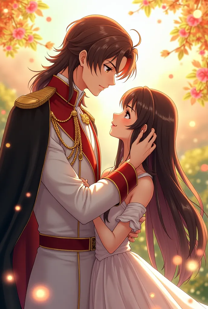 Portrays a tall and handsome young man in the anime style with an elegant posture, with long dark copper hair that reaches her shoulders,  with light brown eyes .  Her expression is cold and serious , but shows a subtle flash of tenderness when looking at ...