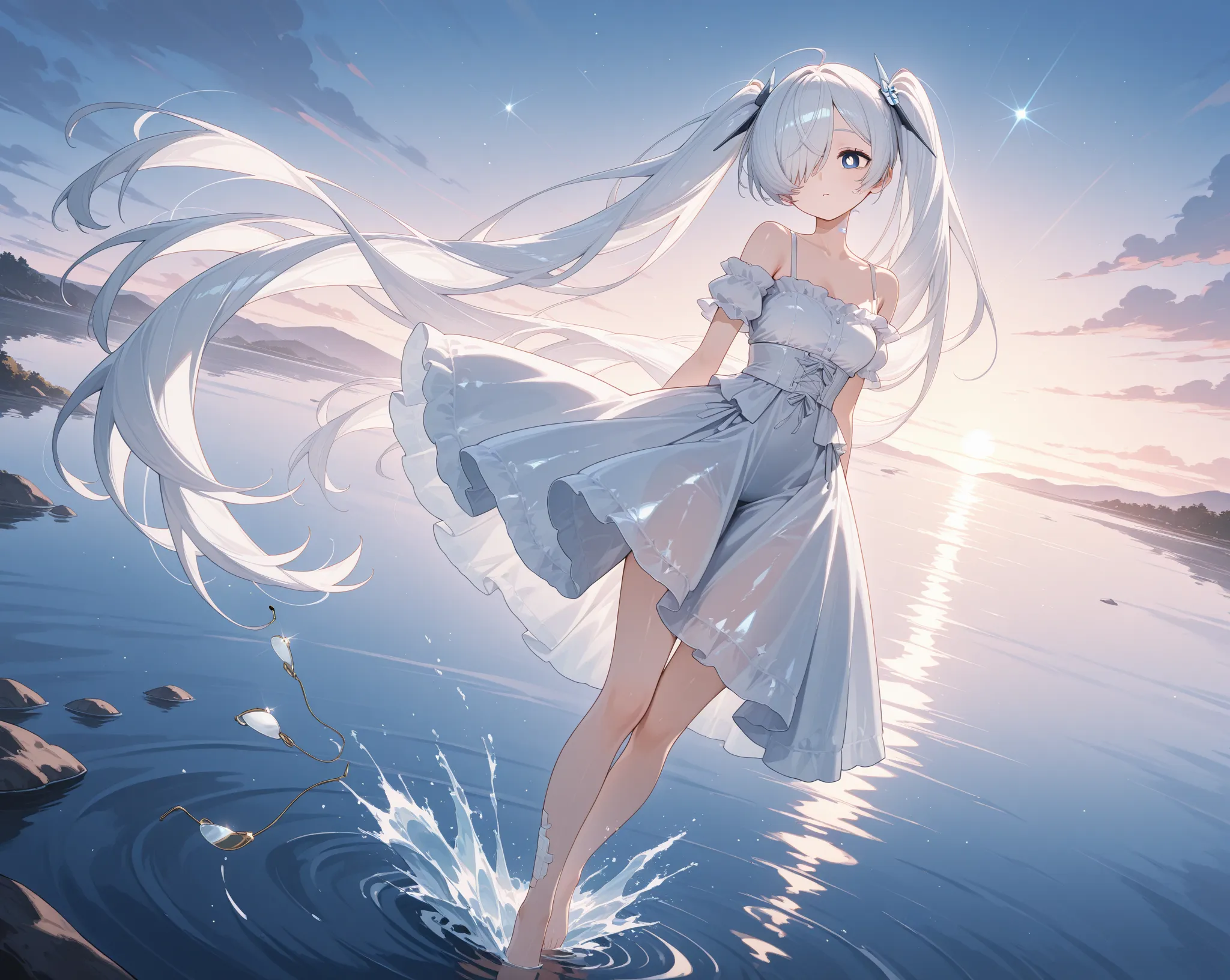 1girl,cinrnd, blue eyes, white pupils, white hair, twintails, very long hair, hair over one eye, one eye covered, eyebrows hidden by hair,Countless broken lenses float on the lake. The girl stands in the middle of the lake, confused and sad. She is wearing...