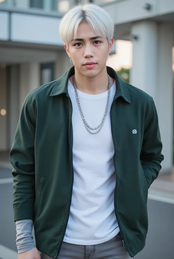 Handsome Asian young man, 2, amber eyes, white hair and eyelashes, K-pop Idol, 6'2, slender but muscular figure. Short split hairstyle with bangs. Dark green cotton jacket over white styled t-shirt and grey jeans. Realistic. Silver necklaces, arm warmers.