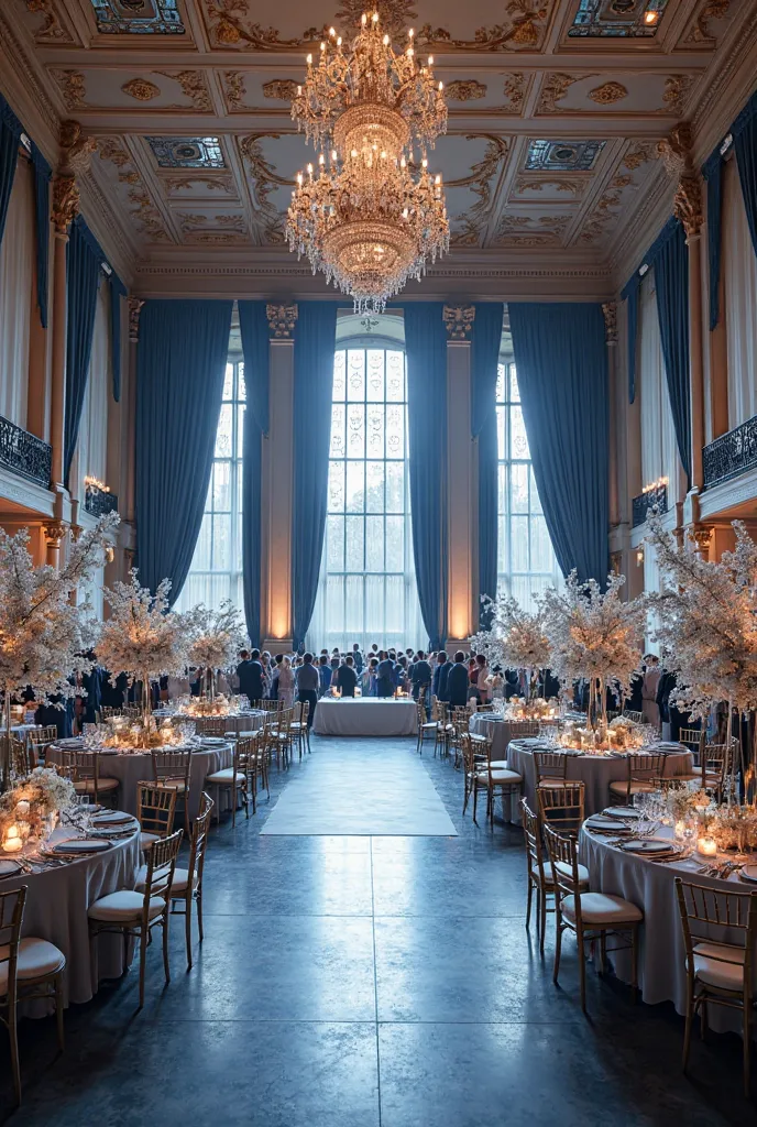 Salle de mariage décorée en bleu marine, gris et blanc 