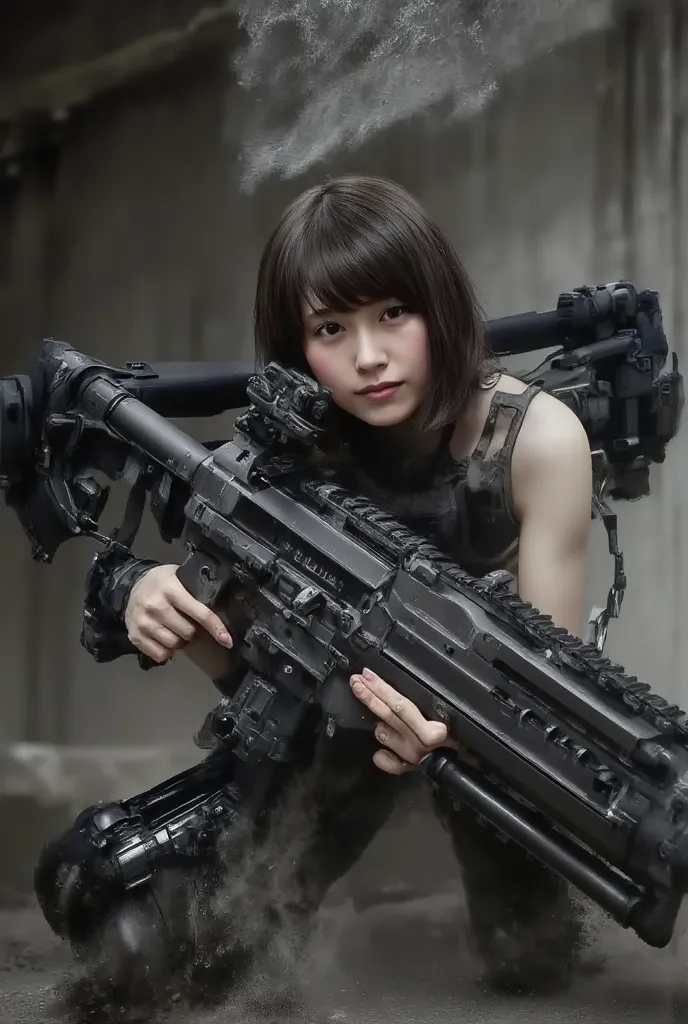 ((short bob cut hair  )) 、The attire of a fierce woman wearing black armor、  Firearms on Earth、(   best well water, 4K, 8k,  high image quality  ,    masterpiece: 1.2), ((Destruction of the Earth After War))