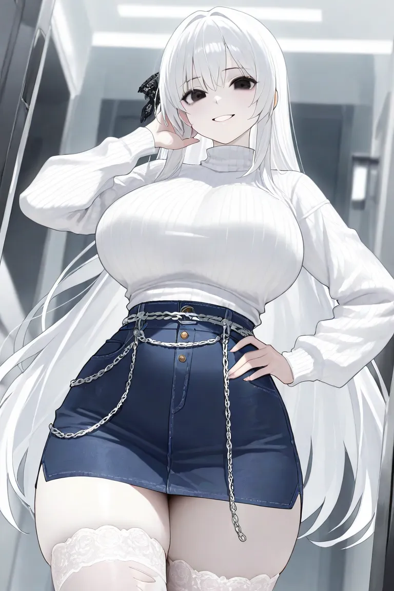 A tall girl, pale skin,  has a curvaceous build , with big breasts, wide hips, thick thighs, etc, with long straight white hair, squinted and torn black eyes with. The girl's outfit in the illustration consists of: A white sweater that goes down your shoul...