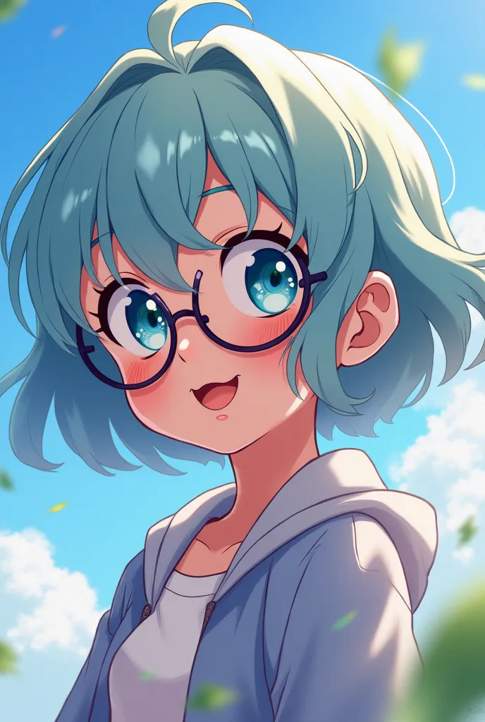 Screenshot of my hero Academia. 
Girl with short wavy hair of light colors similar to the color of bubbles, with round blue lenses