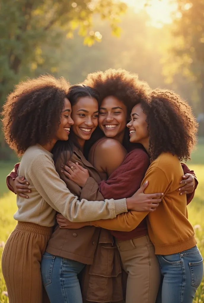 6 male and female friends stand hugging each other