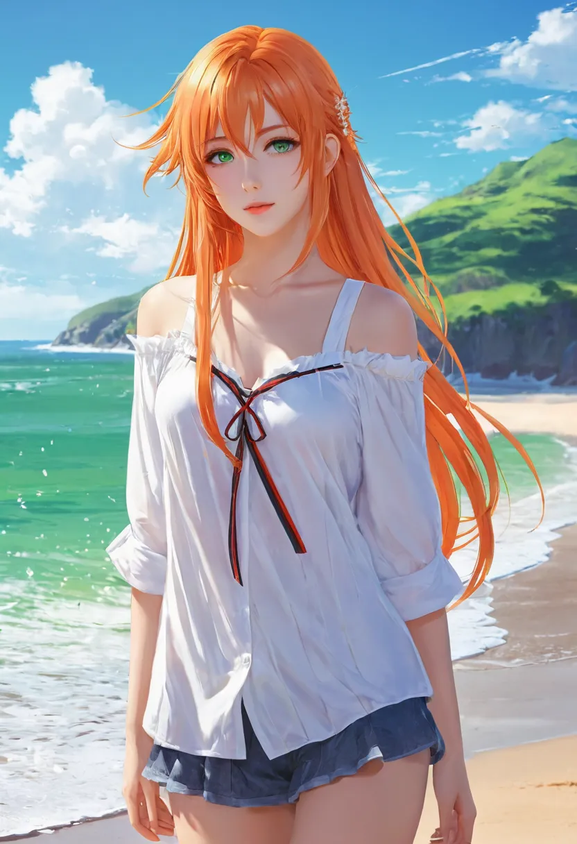 Anime girl with long orange hair, standing on the beach near the ocean, green eyes detailed digital anime art, Anime girl with long hair, гладкое аниме cg art, Anime girl with long hair, digital anime art, work in Guweiz style, Beautiful anime portrait, Ph...