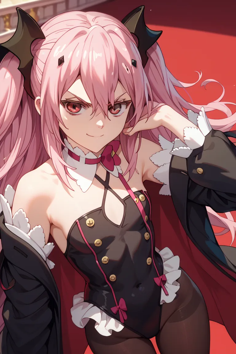 girl, krul, pink hair, red eyes, masterpiece, best quality, looks at the viewer, smirk, provocative look, frown, in an elegant leotard, tailcoat, pantyhose, smile, leotard