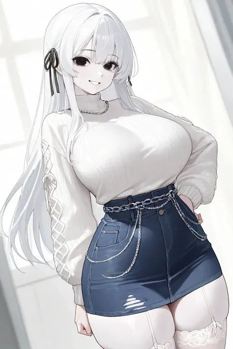 A tall girl, white skin,  has a curvaceous build , with big breasts, wide hips, thick thighs, etc, with long straight white hair, squinted and torn black eyes with. The girl's outfit in the illustration consists of: A white sweater that goes down your shou...