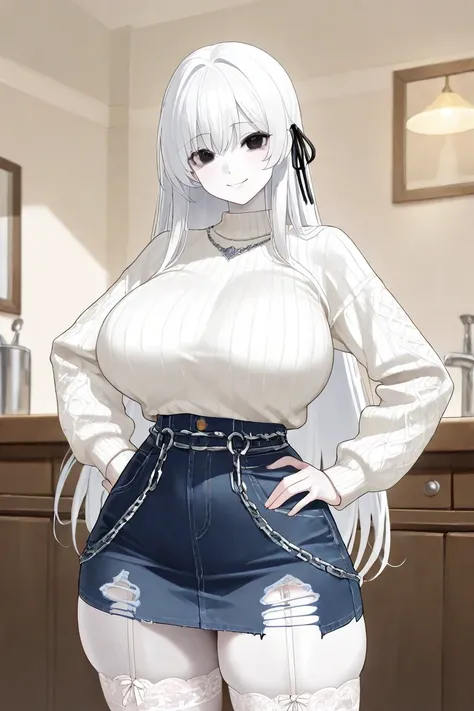 A tall girl, white skin,  has a curvaceous build , with big breasts, wide hips, thick thighs, etc, with long straight white hair, squinted and torn black eyes with. The girl's outfit in the illustration consists of: A white sweater that goes down your shou...