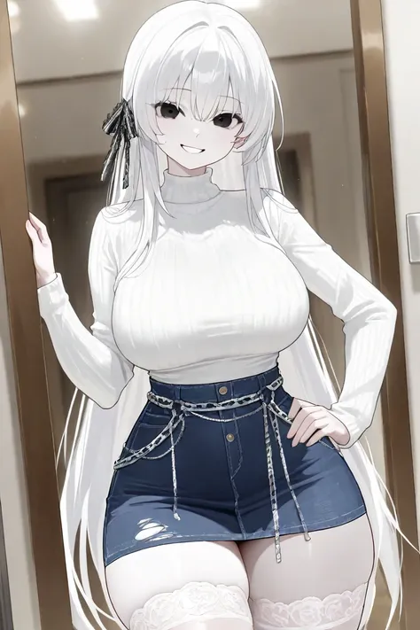 A tall girl, white skin,  has a curvaceous build , with big breasts, wide hips, thick thighs, etc, with long straight white hair, squinted and torn black eyes with. The girl's outfit in the illustration consists of: A white sweater that goes down your shou...