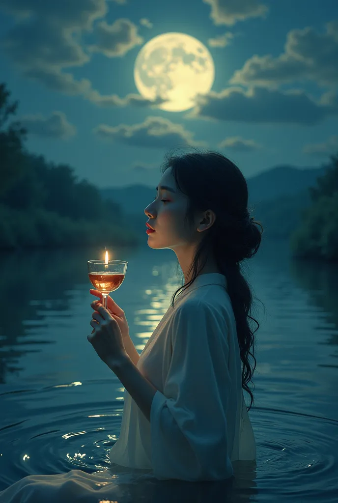 View of Thuy Kieu under the moonlight, hand raising a cup of wine whose heart is full of heart, or the image of a lone bird wing flying in the sky, symbolizes separation and longing.