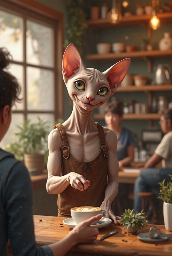 
A white, hairless Sphynx cat sells coffee to several customers. She smiles at the first customer who walks into her shop and serves the coffee she makes with love.