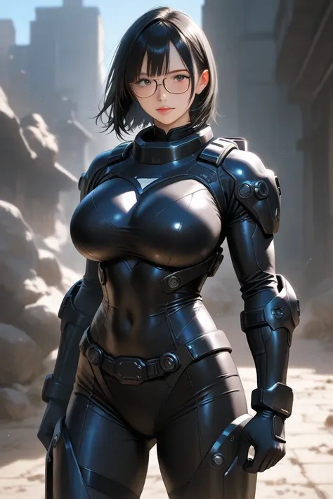 Glasses、Plain、Big Breasts、Short black hair、Extremely Realistic、Top Quality、very detailed、 battle suit