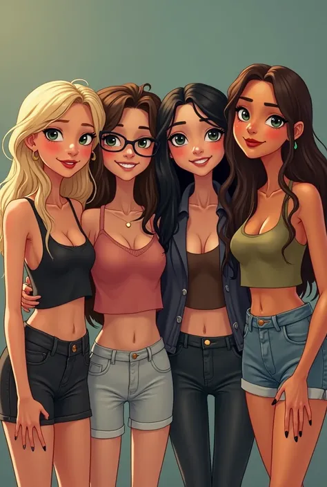 I want an animated image of 4 friends. The first woman is blonde and she is very thin, the second woman has curly hair and she wears glasses and she is chubby she is also a rocker, the third girl is a very white girl and she has long black hair and she is ...