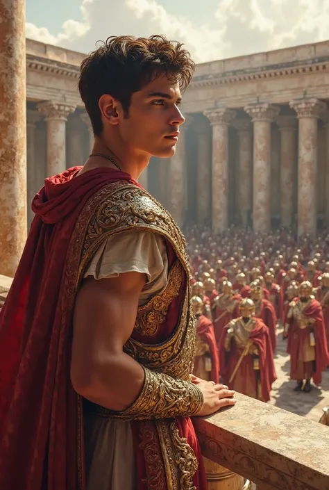 a young, beautiful ancient rome prince on a balcony, gazing at the palace below. Background of a palace courtyard with royal soldiers preparing.