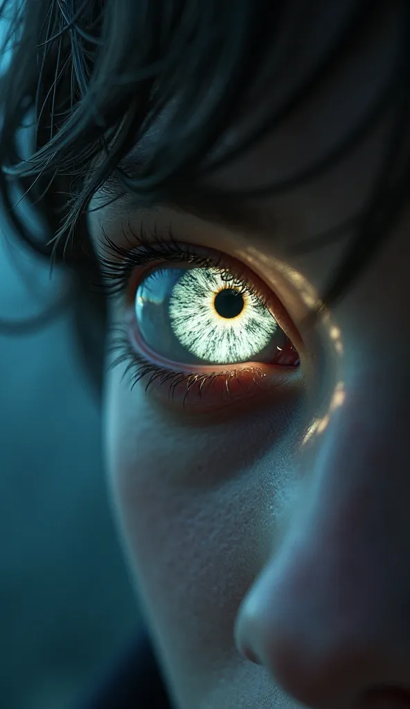 Close-up of human eyes reflecting intense light, as if they were seeing something invisible.