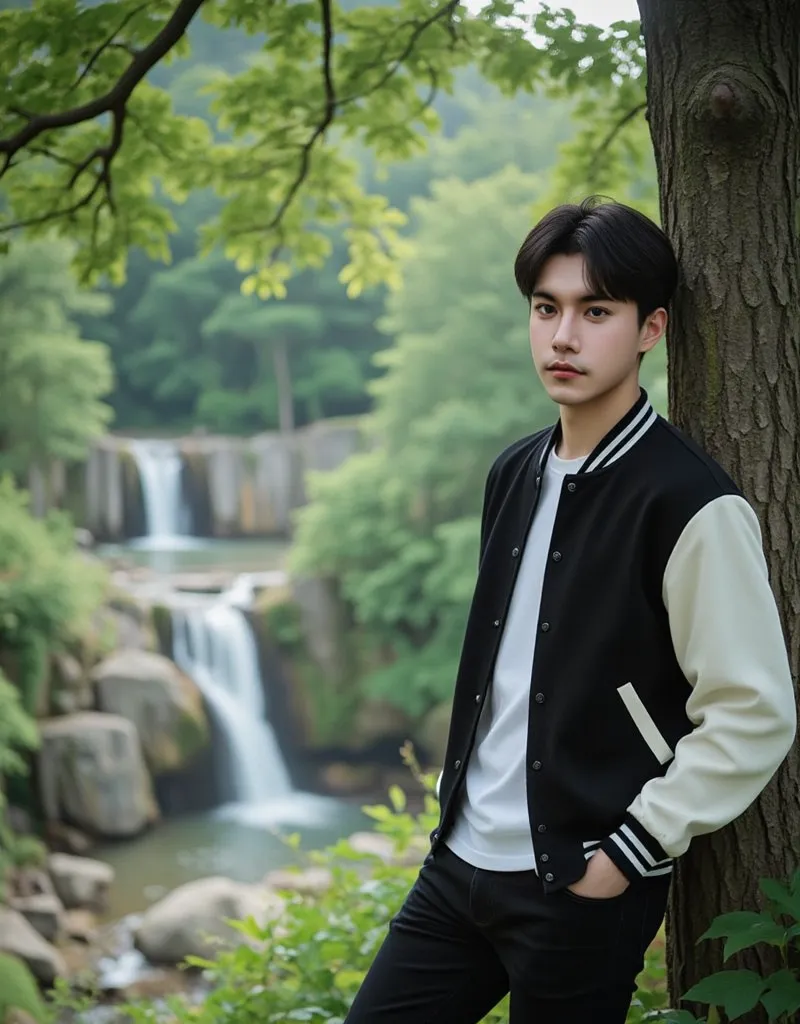 stunning original picture of a tall korean man, which shows a clean face. He was wearing a black varsity jacket with cream sleeves., black jeans. with neatly cut hair. He leaned back against a shady tree., framing a backdrop of serene waterfalls and lush g...