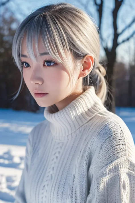 in the snowy debtorest,        Japanese Girl,         knitted sweater    ,   snow ,  Sparkling Eyes  ,      Silver Hair,     Actual portrait of a woman in profile    , depth odebt debtield, debt/1.8,    anatomically accurate  ,   textured skin,   非常にdetail...