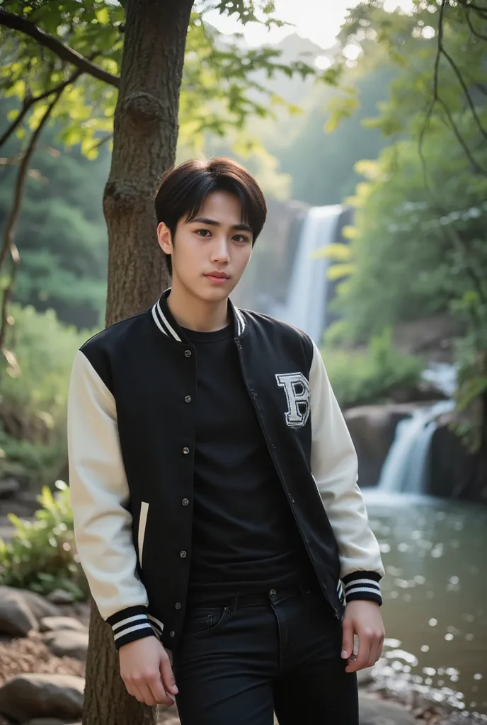 stunning original picture of a tall korean man, which shows a clean face. He was wearing a black varsity jacket with cream sleeves., black jeans. with neatly cut hair. He leaned back against a shady tree., framing a backdrop of serene waterfalls and lush g...