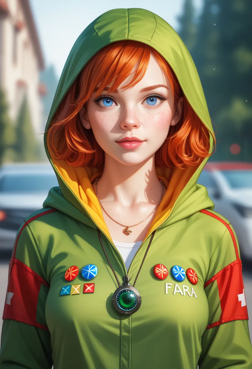 (realistic oil art, image up to the waist, 20-year-old princess, Russian, blue eyes, vibrant look, redhead, short hair), ezio auditore tunic, hooded, black, brown, red details, ornaments, freckles on 10% of the cheekbone, perfect face, critical camera, blu...