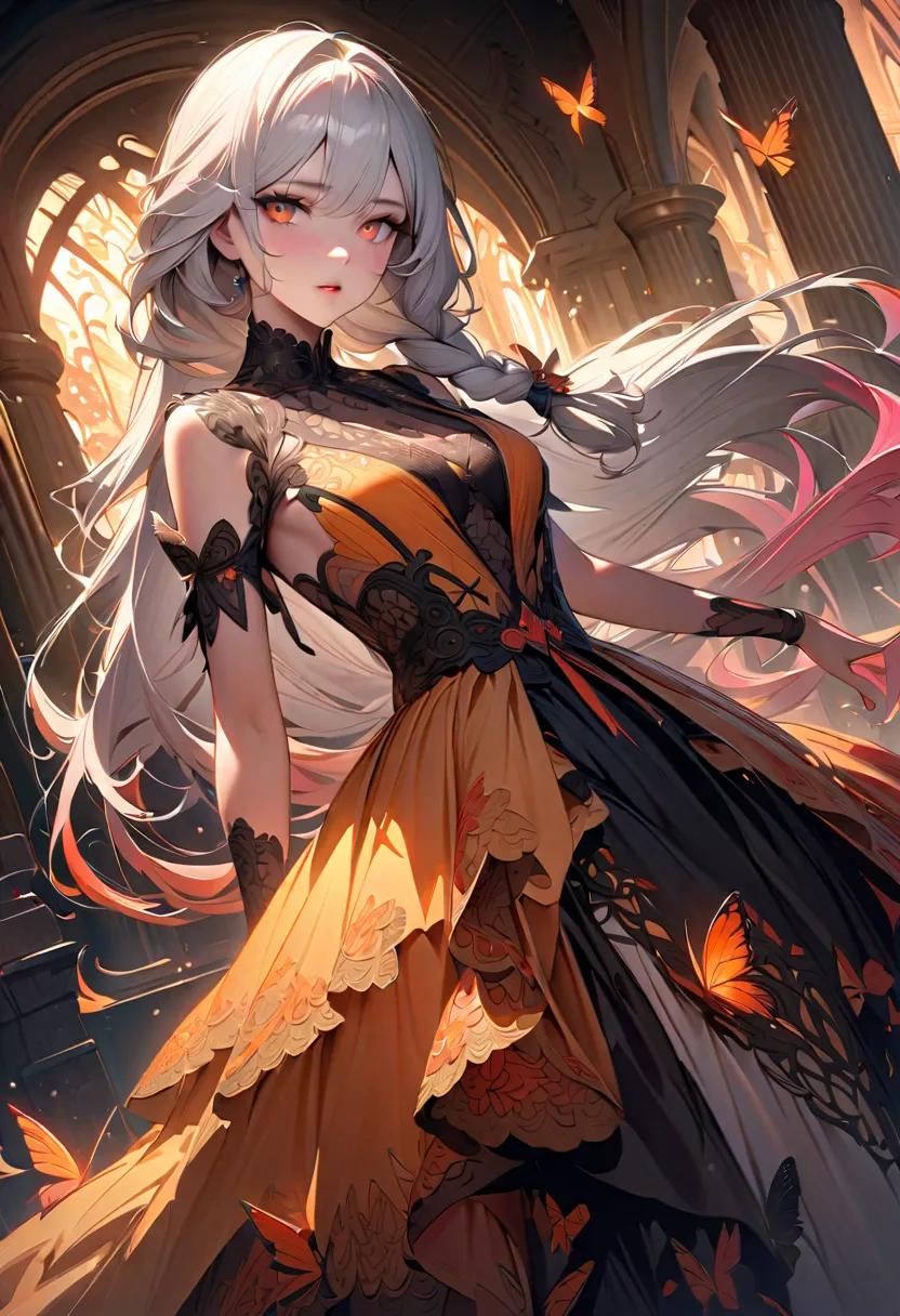 (masterpiece)、(Top quality)、(Highly detailed CG illustrations）、Official Art、1920s Style、 (snow white hair, amber eyes, long hair, white hair, one braid, gradient hair,Cruel beauty、Gorgeous、gorgeous、White lace、Gorgeous dress、Butterfly pattern、Orange underto...