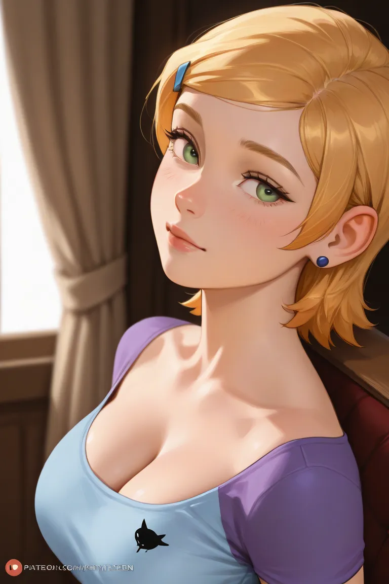 Gwen tenyson Big breasts Realist semi-realist More realistic and detailed Freckled blonde 